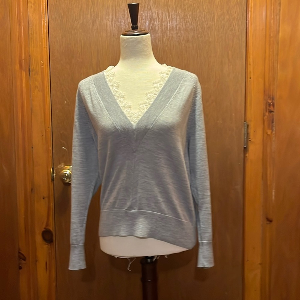 Rebecca Taylor, long gray blouse with white lace